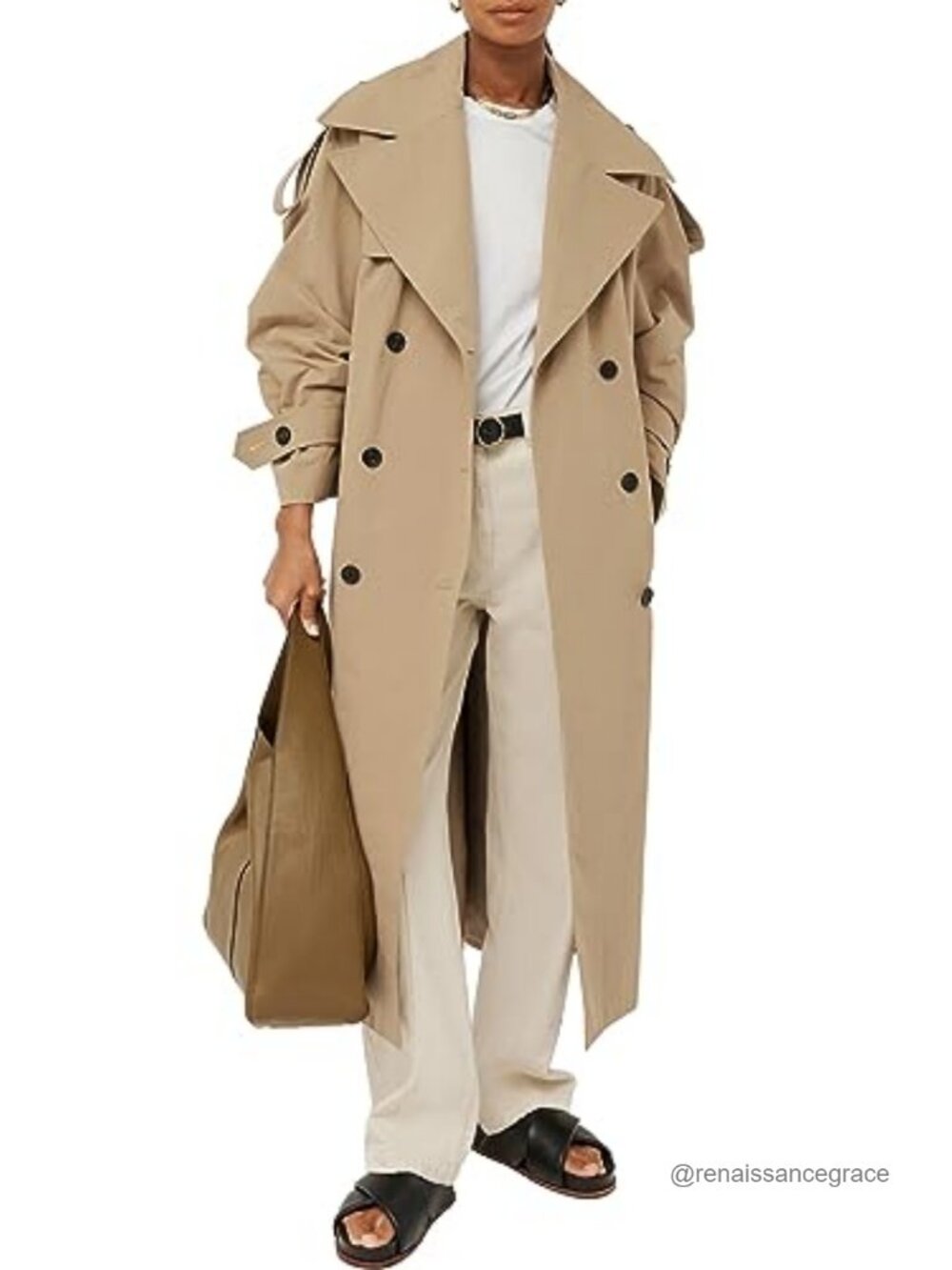 Oversized Long Trench Coat Double Breasted Lapel Windproof Belted